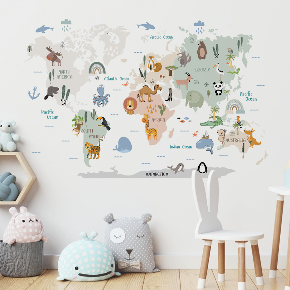 Baby Nursery Decor Girl - Aquarela dos desenhos animados mapa do